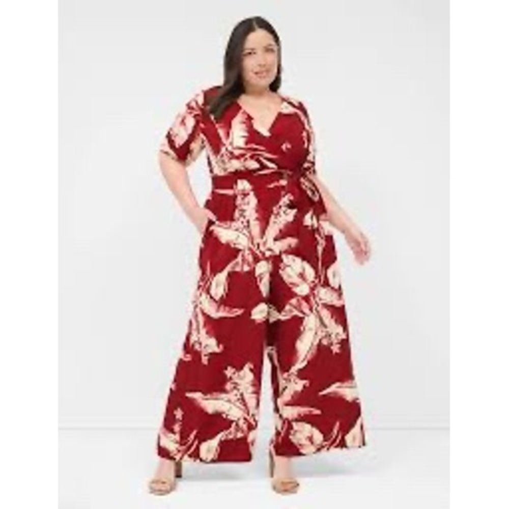 NWT Lane Bryant Tropical Floral Faux Wrap‎ Jumpsuit Burgundy Red Plus Size 22/24